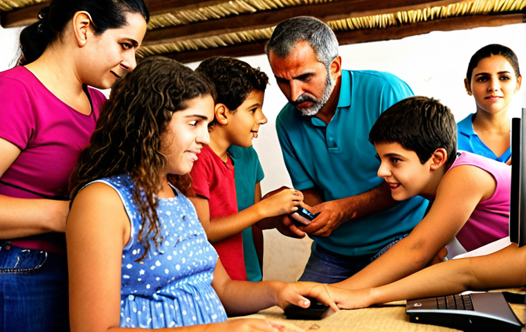 **
Prompt: A diverse group of people in a rural Andalusian community participating in a hands-on technology workshop, led by a younger mentor. Focus on the expressions of curiosity and engagement, highlighting the usefulness of internet for farming, family connections, and health information. Warm, natural lighting.
**