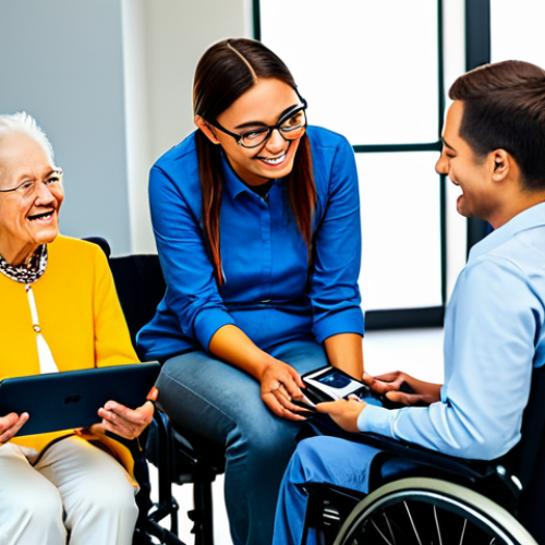 A diverse group of citizens, including an elderly woman, a young professional, and an individual using a wheelchair, are comfortably interacting with digital government services on tablets and laptops in a bright, modern, and accessible community center. The interfaces displayed are intuitive and user-friendly, showing seamless online transactions and information access. All subjects are fully clothed in modest, appropriate attire, reflecting a family-friendly atmosphere of empowerment and inclusion. The setting is clean, well-lit, and designed for ease of use. This image is safe for work, appropriate content, perfect anatomy, correct proportions, natural pose, well-formed hands, proper finger count, natural body proportions, professional photography, high quality.