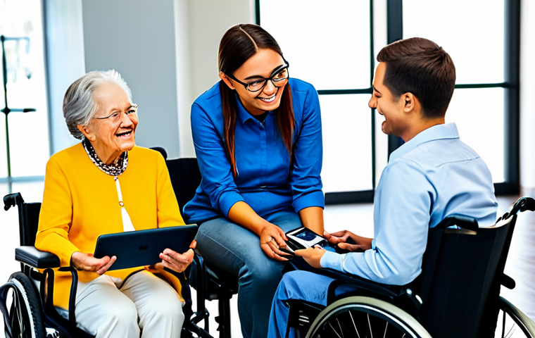 A diverse group of citizens, including an elderly woman, a young professional, and an individual using a wheelchair, are comfortably interacting with digital government services on tablets and laptops in a bright, modern, and accessible community center. The interfaces displayed are intuitive and user-friendly, showing seamless online transactions and information access. All subjects are fully clothed in modest, appropriate attire, reflecting a family-friendly atmosphere of empowerment and inclusion. The setting is clean, well-lit, and designed for ease of use. This image is safe for work, appropriate content, perfect anatomy, correct proportions, natural pose, well-formed hands, proper finger count, natural body proportions, professional photography, high quality.