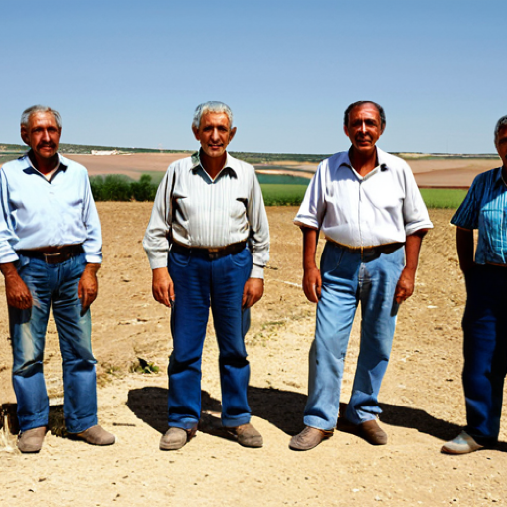 **Prompt:** A group of adult farmers in a sun-drenched, arid rural village in Castilla-La Mancha, Spain, standing near parched agricultural fields. They are fully clothed in modest, appropriate work attire, looking towards the horizon with expressions of concern, symbolizing the challenge of climate change without modern technological tools. The scene emphasizes their natural pose, perfect anatomy, and correct proportions, with a focus on their well-formed hands and natural body proportions. The background shows traditional, rustic village elements. Professional photography, high quality, safe for work, appropriate content, fully clothed, family-friendly.