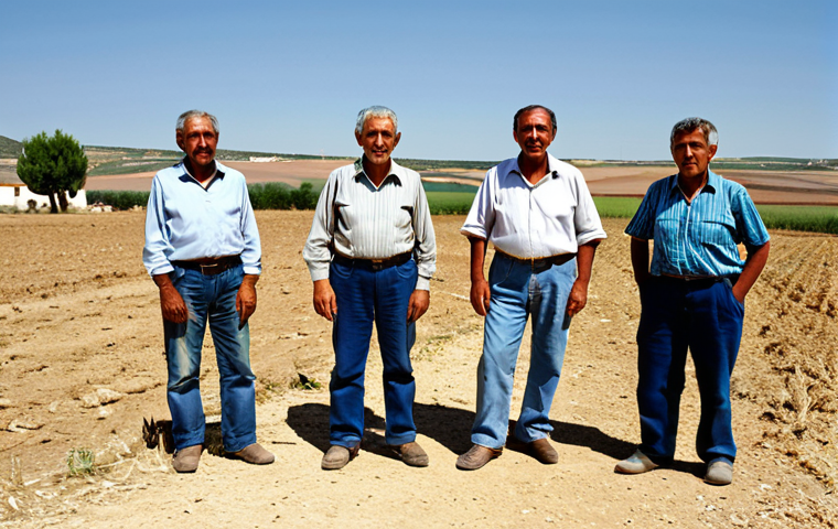 **Prompt:** A group of adult farmers in a sun-drenched, arid rural village in Castilla-La Mancha, Spain, standing near parched agricultural fields. They are fully clothed in modest, appropriate work attire, looking towards the horizon with expressions of concern, symbolizing the challenge of climate change without modern technological tools. The scene emphasizes their natural pose, perfect anatomy, and correct proportions, with a focus on their well-formed hands and natural body proportions. The background shows traditional, rustic village elements. Professional photography, high quality, safe for work, appropriate content, fully clothed, family-friendly.