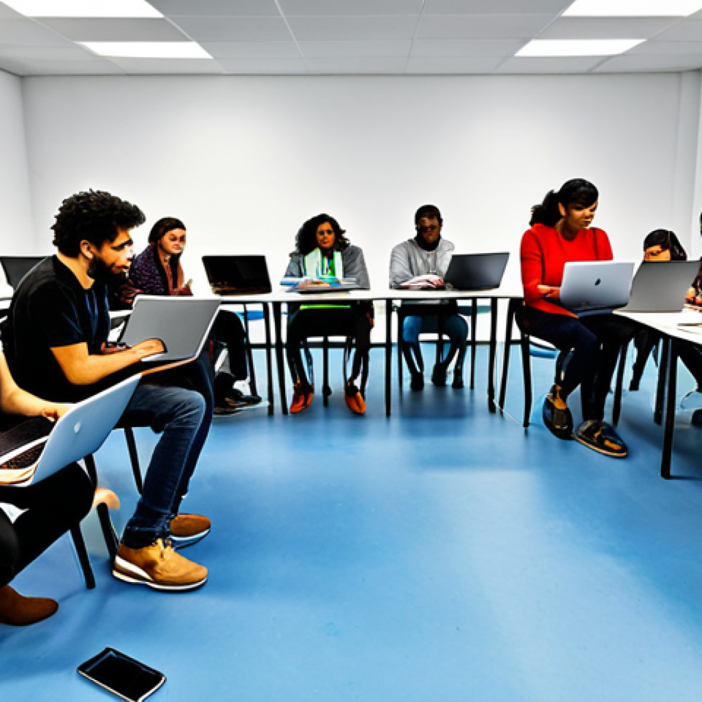 **

"A diverse group of people participating in a digital literacy workshop at a community center in Madrid. Participants are using laptops and tablets, with an instructor guiding them. Focus on the engaged expressions and the collaborative atmosphere.  The scene should convey empowerment and learning. Fully clothed, appropriate attire, safe for work, perfect anatomy, natural proportions, professional photography, high quality, family-friendly."

**