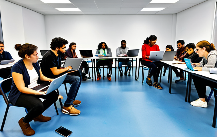 **

"A diverse group of people participating in a digital literacy workshop at a community center in Madrid. Participants are using laptops and tablets, with an instructor guiding them. Focus on the engaged expressions and the collaborative atmosphere.  The scene should convey empowerment and learning. Fully clothed, appropriate attire, safe for work, perfect anatomy, natural proportions, professional photography, high quality, family-friendly."

**
