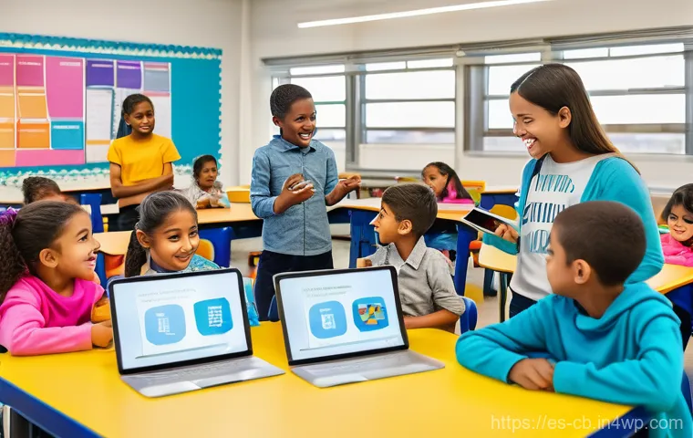 기술 격차 해소를 위한 STEM 교육 프로그램 - A vibrant and modern STEM classroom in a Spanish-speaking country, filled with a diverse group of el...