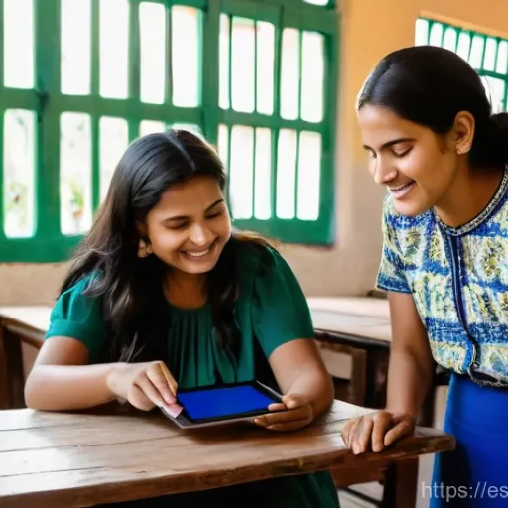 기술 격차 해소를 위한 지역사회 참여 방안 - A vibrant scene inside a community digital literacy center in a bustling Latin American city. A youn...