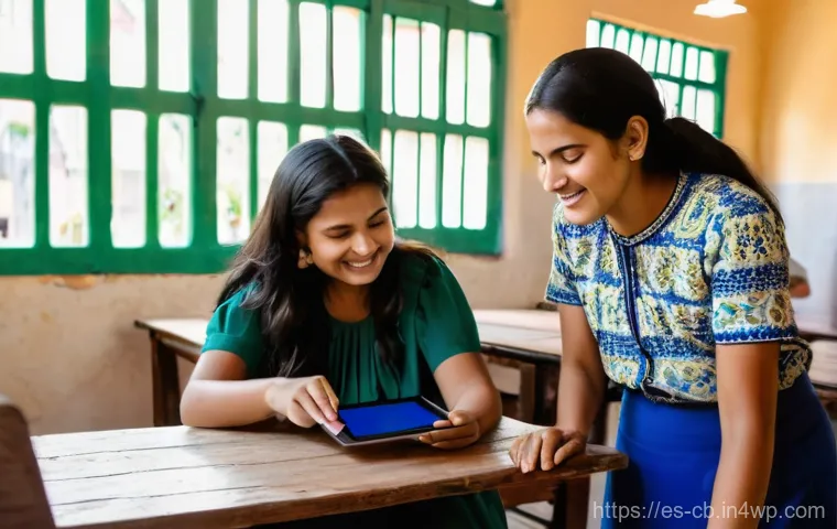 기술 격차 해소를 위한 지역사회 참여 방안 - A vibrant scene inside a community digital literacy center in a bustling Latin American city. A youn...