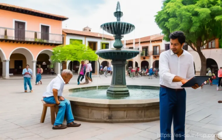 기술 격차 해소를 위한 지역사회 참여 방안 - A lively outdoor market (mercado) in a picturesque Spanish-speaking town, possibly in Mexico or Peru...