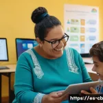기술 격차 해소를 위한 정책 제안 - A warmly lit, modern community digital learning center in a vibrant, Spanish-speaking Latin American...