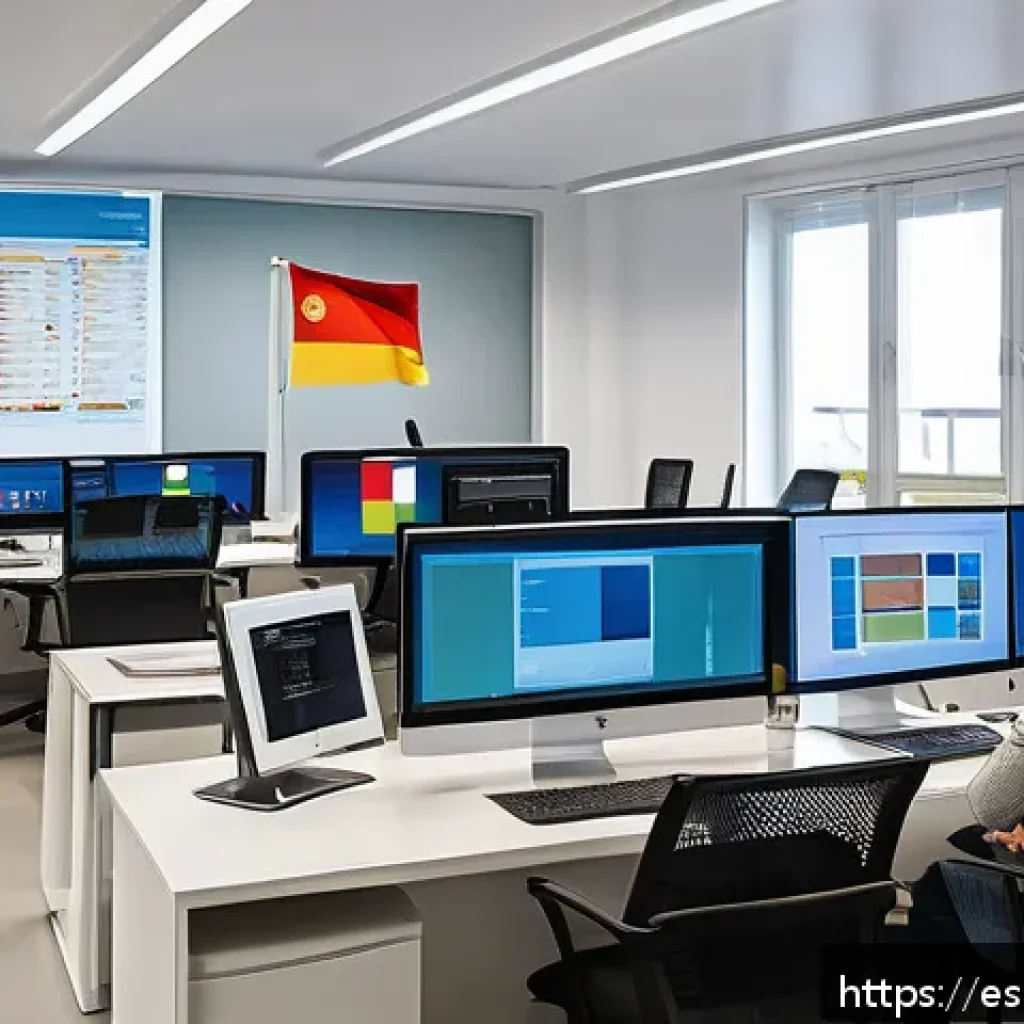 기술 격차 해소를 위한 진단 및 평가 방법 - A modern office environment in a large Spanish company, with diverse employees collaborating around ...