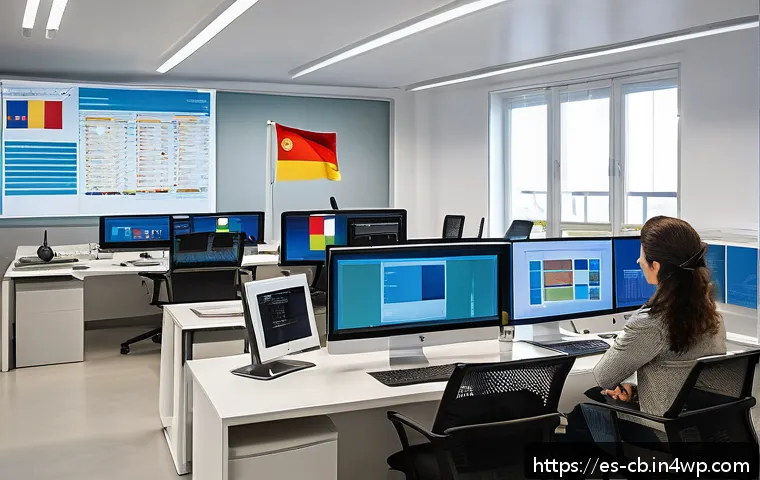 기술 격차 해소를 위한 진단 및 평가 방법 - A modern office environment in a large Spanish company, with diverse employees collaborating around ...